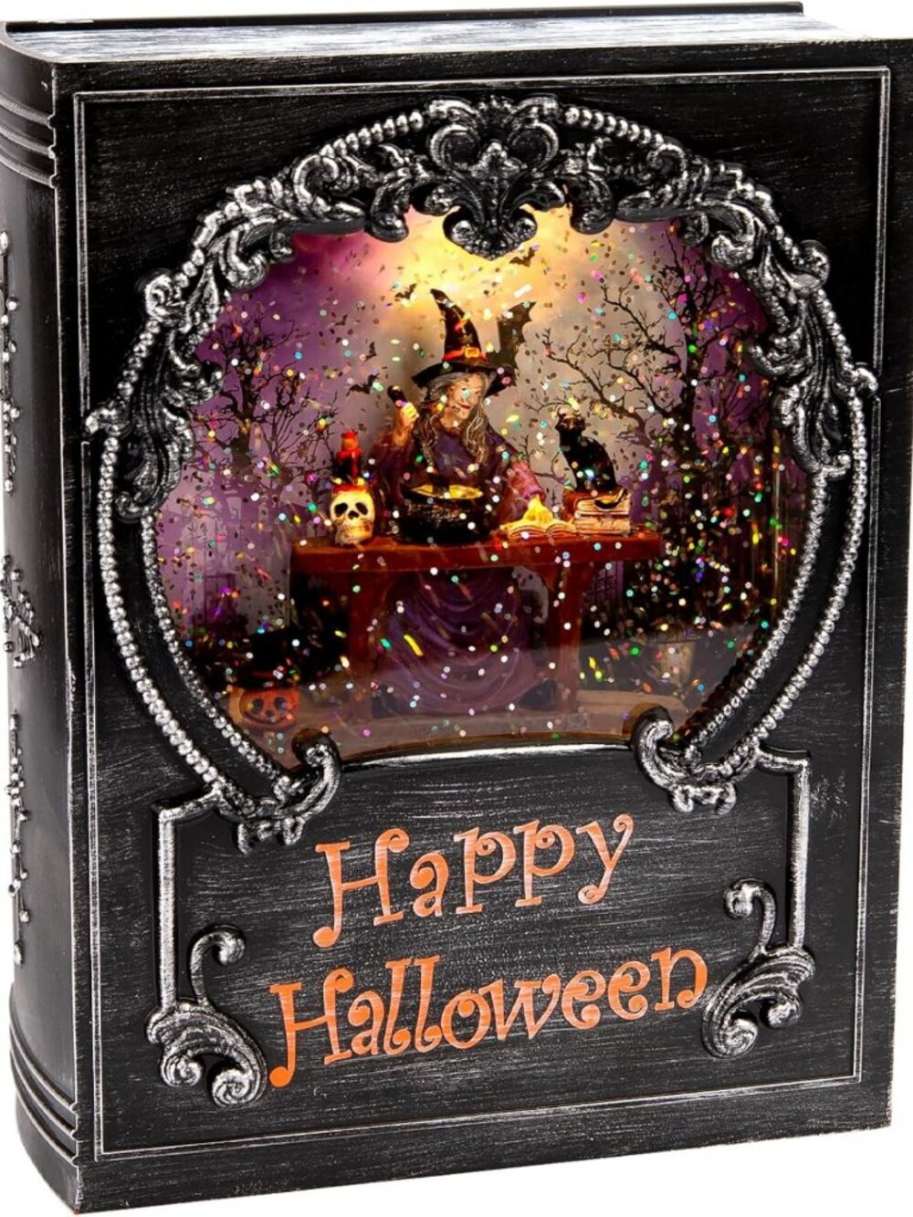 Spooky Snow Globe with Glitter, LED Lighted Witch Book, Battery & USB Operated